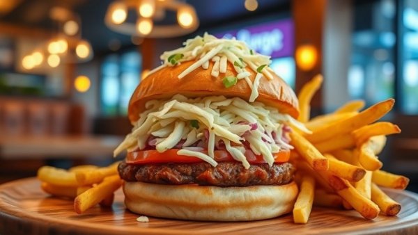 Juicy Philippine-style burger with fries in a cozy restaurant