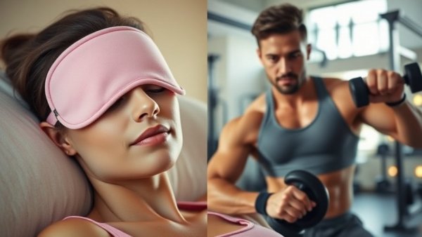 2025 Wellness Trends: woman with sleep mask and man in gym.