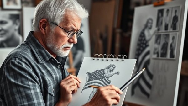 Artist sketching a figure with American flag in studio, monochrome.