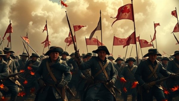 Dramatic historical painting of the failed invasion of Canada with soldiers.