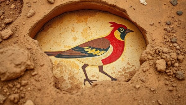 Frescoes at Villa di Poppea: ancient bird painting at archaeological site.