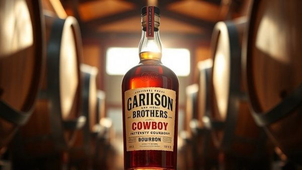 Garrison Brothers Cowboy Bourbon bottle with barrels and sunlight.