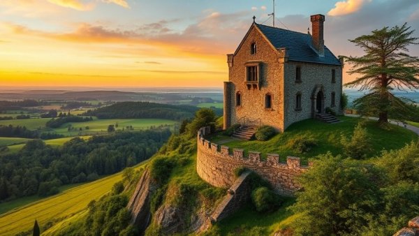 Airbnb castles: scenic view of a stone castle in a vast countryside.
