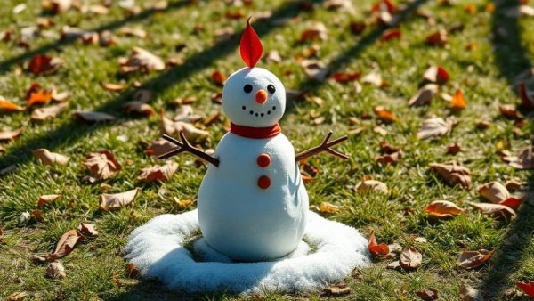 Leaf-covered snowman on sunny grass, Philadelphia Mummers Parade.