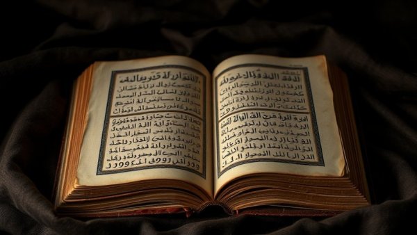 Ancient Quran with Arabic script on open pages resting on dark cloth.