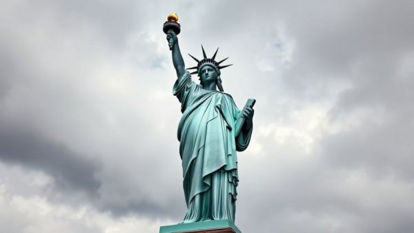 Ellis Island Immigration History: Statue of Liberty towering under a cloudy sky.