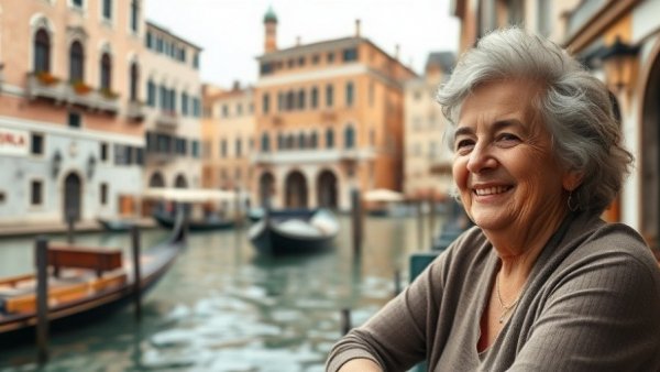 Kathleen Goncharov legacy: smiling woman at Venice cafe.