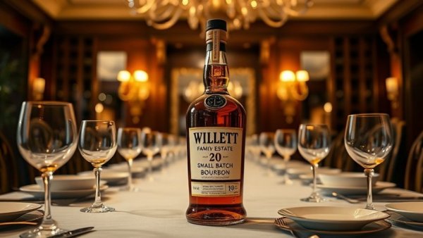 Willett Family Estate Small Batch Bourbon bottle on elegant dining table.