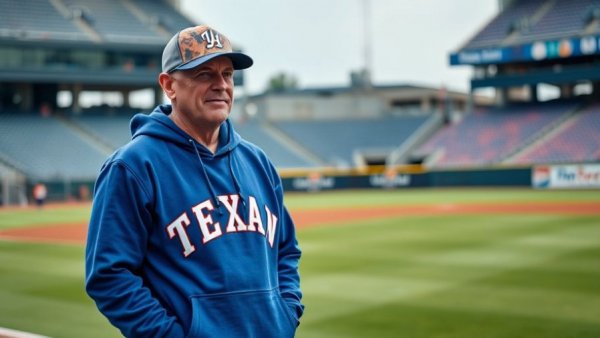 Baseball coach in a blue hoodie on the field, looking determined.