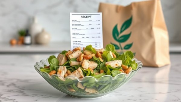 Seasonal Healthy Menu Royal Greens salad with delivery bag and receipt.