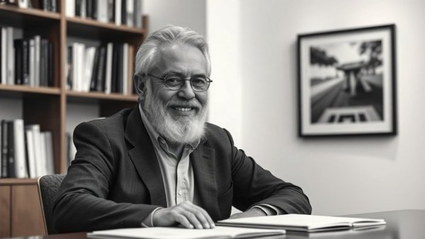 Distinguished older man smiling at desk in art gallery, black and white.
