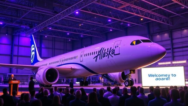 Alaska Airlines Boeing 787 Dreamliner in hangar with audience and lighting.