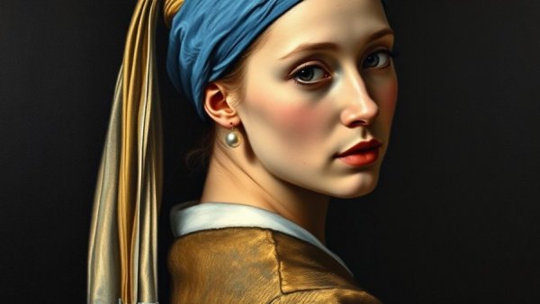 Classic painting of a young woman with a pearl earring, turning against a dark background