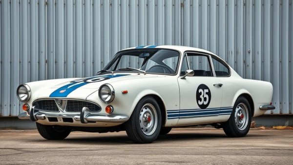 Vintage Fiat-Abarth 750 GT collector car with blue stripes in an industrial setting.