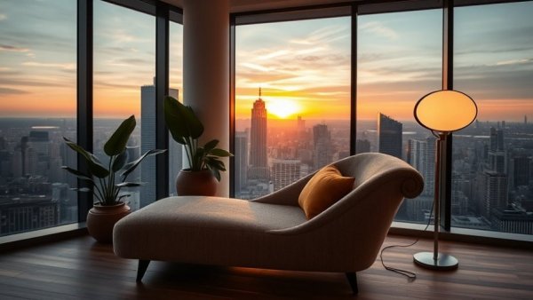 Luxurious high-end penthouse in Brooklyn with city view.