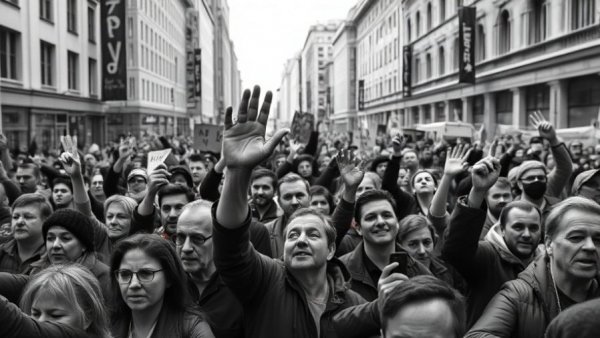 Protesters with hands raised during Iran regime collapse demonstration.