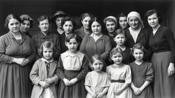 Historical black and white photo of women and children.