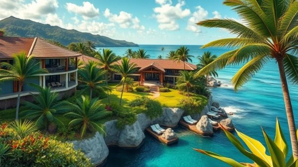 Luxury resort in Phuket with ocean view and lush greenery.