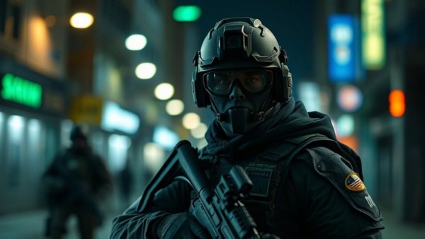 Night vision view of tactical agent highlighting ICE Watch community activism.