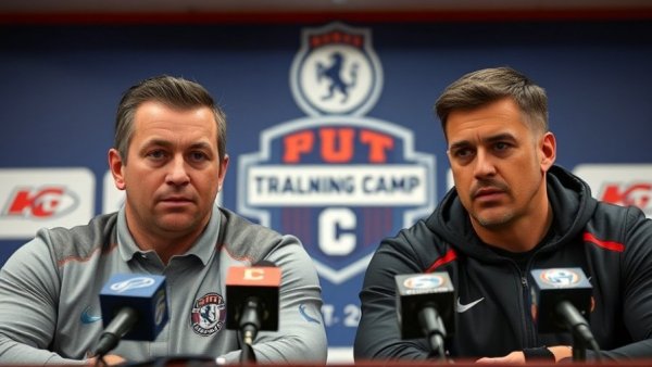 Eagles press conference with two men at a table, serious expressions.