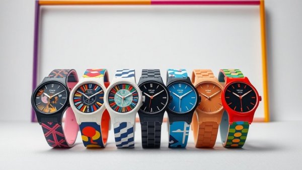Swatch Guggenheim Collaboration watches, artistic designs displayed in a studio.