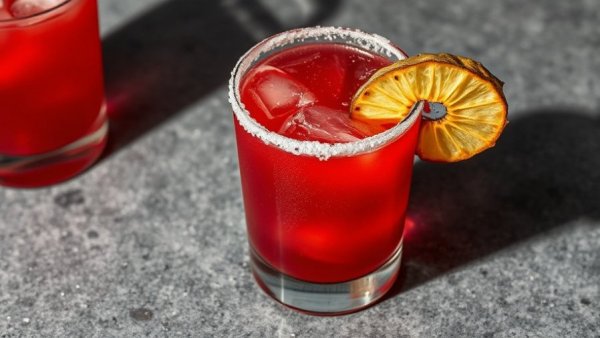 Alcohol-free spaces Philadelphia: red mocktail with pineapple on gray surface.