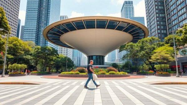 LOVE Park flying saucer building in cityscape with person.