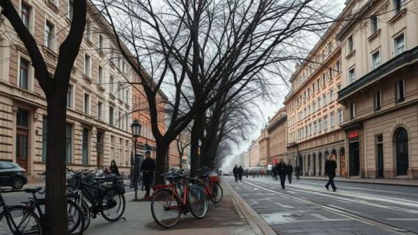Philadelphia street scene with bicycles & wintery atmosphere.