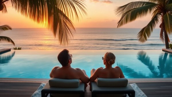 Couple enjoying sunset by a tropical pool for Bilt Obsidian Card review.