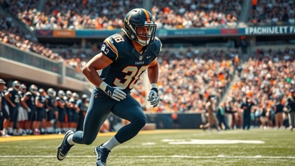 Football player in navy gear running on the field with a crowd background.