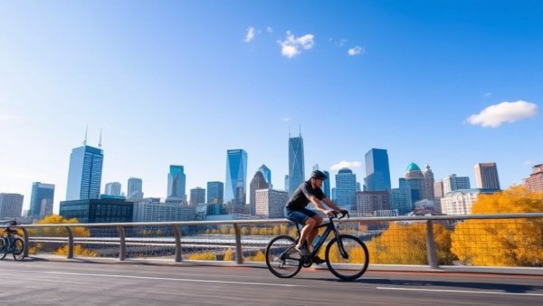 Cyclists on bridge with Philadelphia skyline in the background, 2026.