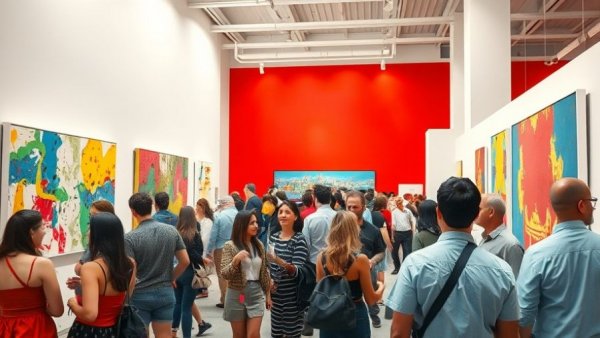 Visitors at Zona Maco 2026 art exhibition viewing abstract art pieces.