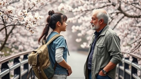 Cultural connection in Rental Family depicted with young girl and man on bridge.