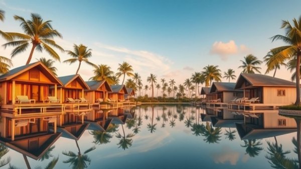 Serene tropical resort with cabins reflected in water, IHG Rewards credit card offers.