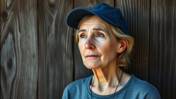 Middle-aged woman in blue cap pondering against wooden wall.