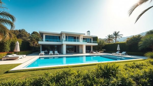 Elegant Bel-Air estate with garden and pool in sunny weather.