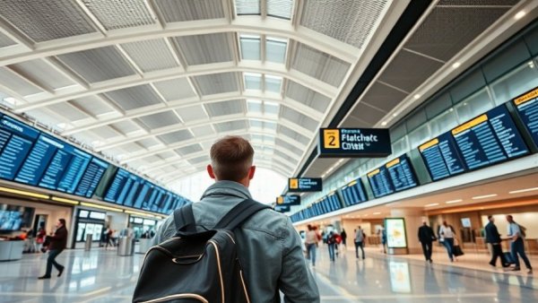 Passenger at Heathrow focusing on carry-on liquids rules display.