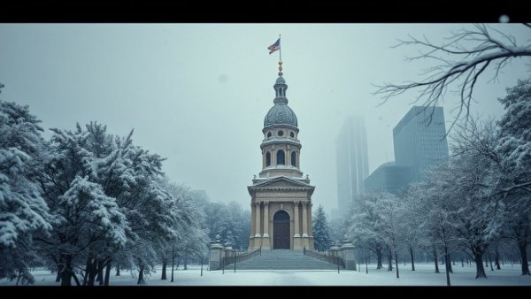 Philly snowstorm unveils a serene winter scene with iconic monument.
