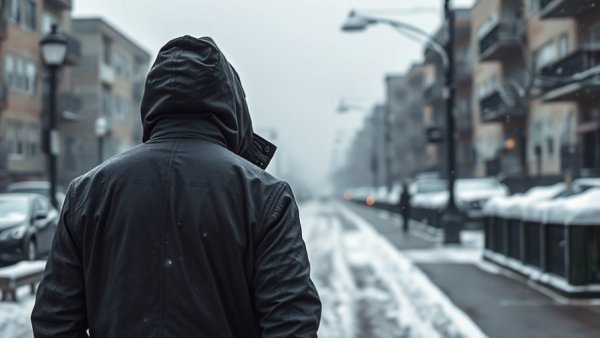 Person walking in snowy Philadelphia focusing on wind chill safety.