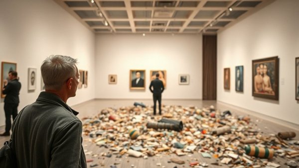 Art gallery protest with scattered debris and concerned observer.