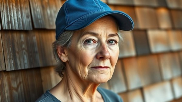 Middle-aged woman standing against wooden shingles, serene expression, related to Political Landscape in America 2026.