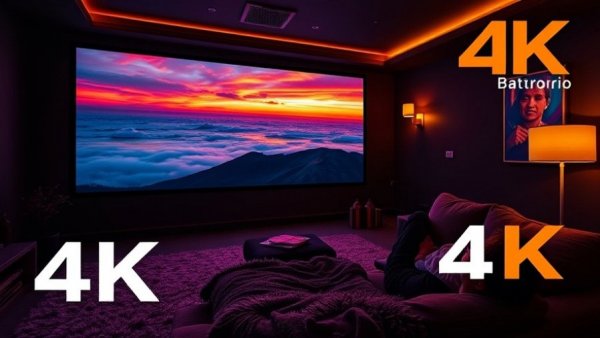 Home theater with BenQ W5850 4K projector, sunset landscape.