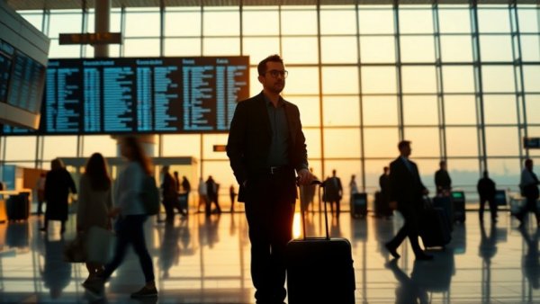 Traveler checking flight information during winter storm Fern cancellations.