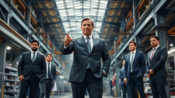 Industrial factory tour with suited individuals.