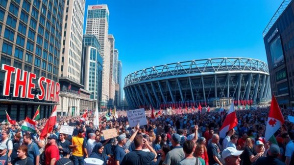 Crowds gather in city for protests near stadium, urban setting.