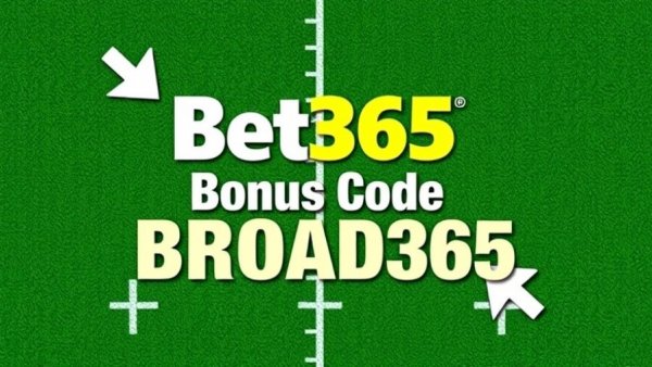 Bet365 Bonus Code BROAD365 graphic with football field background.