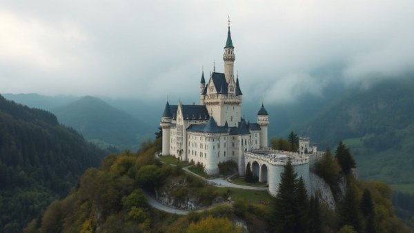 Majestic Neuschwanstein Castle surrounded by misty hills and cliffs.
