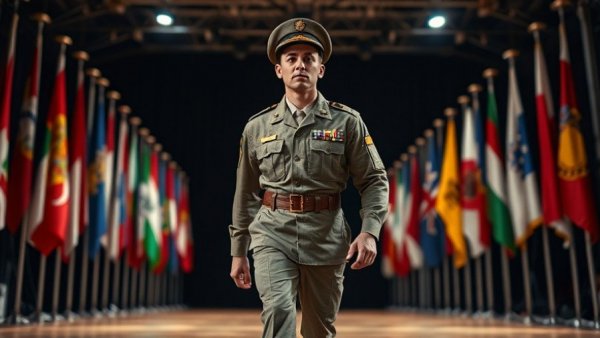 Military officer walks on stage with flags; Zhang Youxia Purge in China.