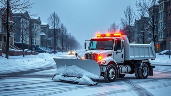 White snow plow truck clearing snow from urban Philadelphia street