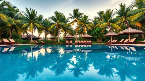 Bahia Principe's tropical poolside at dawn with palm reflections.